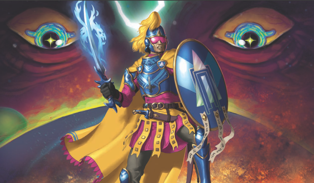 Un guerrier coloré équipé d'artefacts technologique dans The Chronicles of Future Earth RPG (jdr) de Sarah Newton, motorisé par FATE RPG