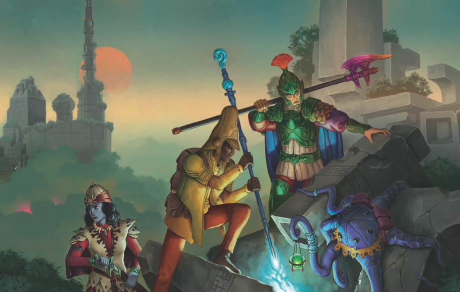 Une équipe d'explorateurs de ruines anciennes dans The Chronicles of Future Earth RPG (jdr) de Sarah Newton, motorisé par FATE RPG